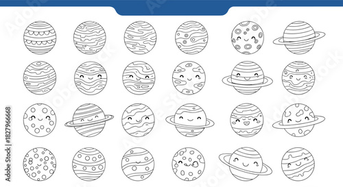 Collection of cute kawaii-style planet line art illustrations, featuring smiling faces and simple patterns for children's coloring and decoration.