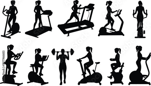 Silhouette collection of women exercising on gym equipment including treadmill, elliptical, stationary bike, and weightlifting in fitness workout illustration, vectorSilhouette