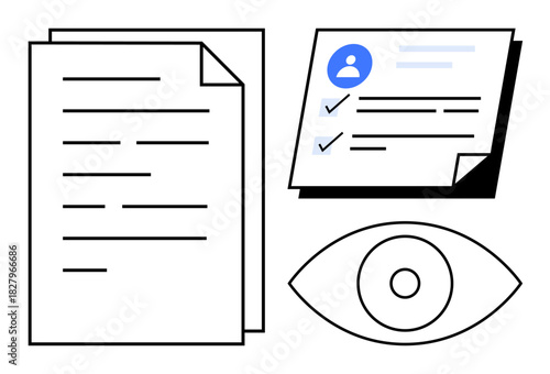 Stacked paper, user profile card with checkmarks and eye icon highlighting review, analysis, approval, monitoring, assessment, feedback, and productivity. Simple flat metaphor