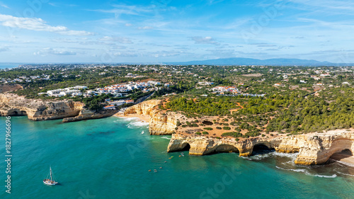 Aerial from the Benagil cave near the town Benagil on the southcoast in the Algarve Portugal