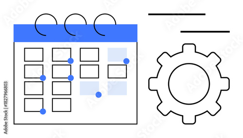 Calendar with highlighted dates and settings gear illustrating scheduling, time management, task automation, and productivity optimization. Ideal for planning, workflow, deadlines, teamwork