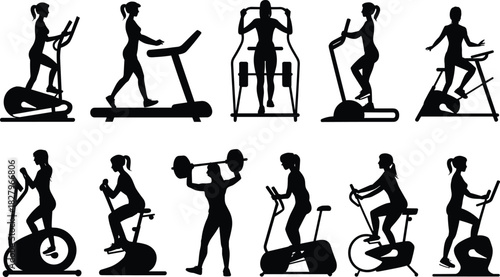 Silhouette illustration of women performing various gym exercises on fitness equipment including treadmill, elliptical, stationary bike, and weightlifting in workout training vector