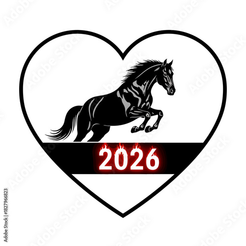A heart icon with new year s symbol black horse silhouette inside heart frame with glowing red 2026 text, minimal emblem of horse, steed, stallion and love for year of the fire horse