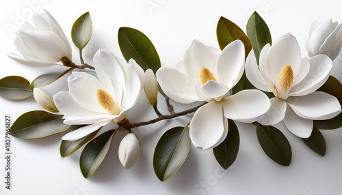 A Delicate Branch Of White Magnolia Flowers Gracefully Extends Across A Clean White Background The Intricate Details Of The Petals And Stamens Ideal For Nature Themed Designs