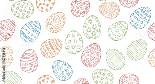 Seamless background pattern featuring hand-drawn colorful doodle Easter eggs with various simple ornaments, isolated on a white backdrop.