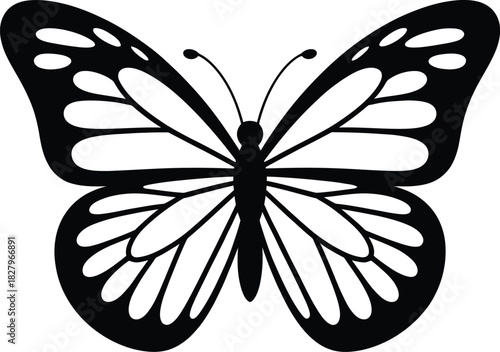 A simple black and white illustration of a butterfly on a circular background