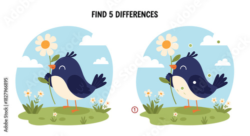 Educational find five differences picture puzzle game for kids featuring a cute blue bird holding a daisy in a spring meadow.