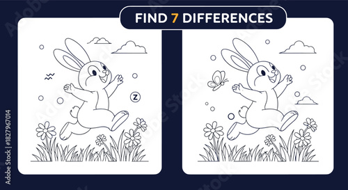 Find seven differences educational picture puzzle and coloring page for kids, featuring a happy cartoon rabbit running in a meadow.