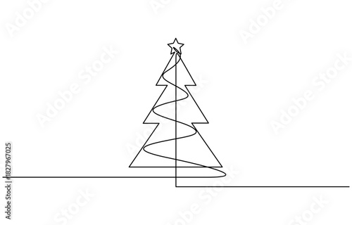 Continuous one line drawing of a festive christmas tree with a star topper and stylized base vector on transparent background
