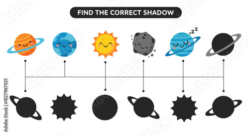 Educational find the correct shadow matching game for preschool children with cute cartoon planets, sun, and asteroid characters.