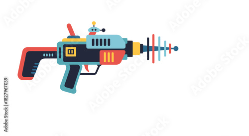 Colorful illustration of a retro-style science fiction laser gun or blaster with a futuristic design, isolated on a white background.