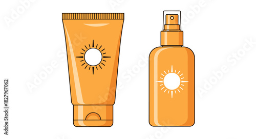 Simple flat design illustration of a sunscreen cream tube and a sunblock spray bottle, both with a sun icon, on a white background.
