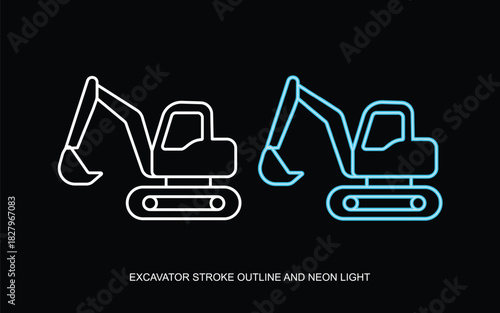 Excavator icons outline and neon light style