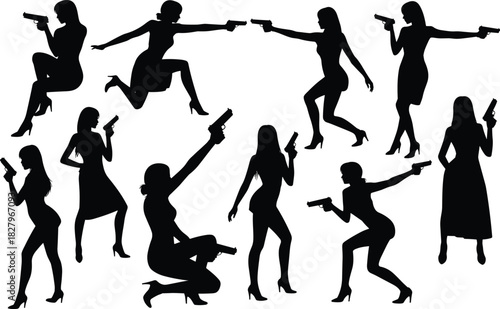 Silhouettes of armed women in dynamic action poses, female spy figures holding guns, tactical shooting stances for design, illustration, and artwork