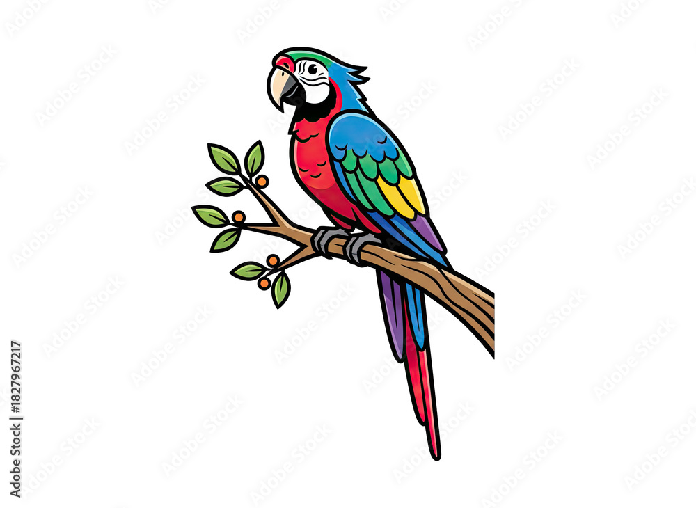 Fototapeta premium Colorful Macaw Parrot Perched on a Branch Against a Black Background Vivid Plumage Detailed Feather Texture Natural Wildlife Avian Creature Illustration