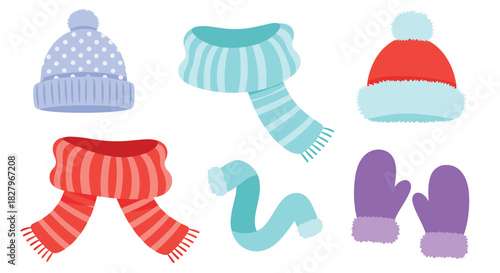 A cozy collection of colorful winter accessories, including knitted hats with pom-poms, warm scarves, and fuzzy mittens for cold weather.