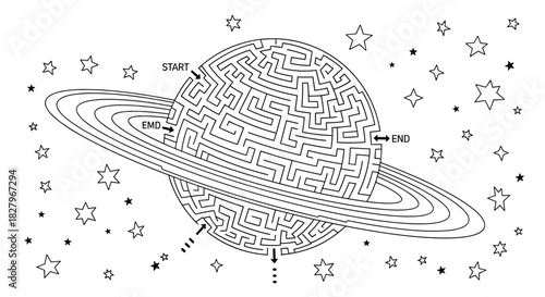 A challenging black and white maze puzzle for kids designed in the shape of the planet Saturn with its rings, surrounded by stars.