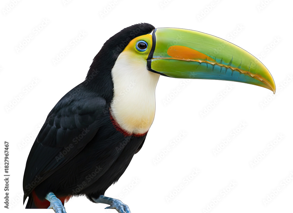Fototapeta premium Colorful Toucan Bird With A Large Green Beak Perched On A Branch Isolated On A Black Background