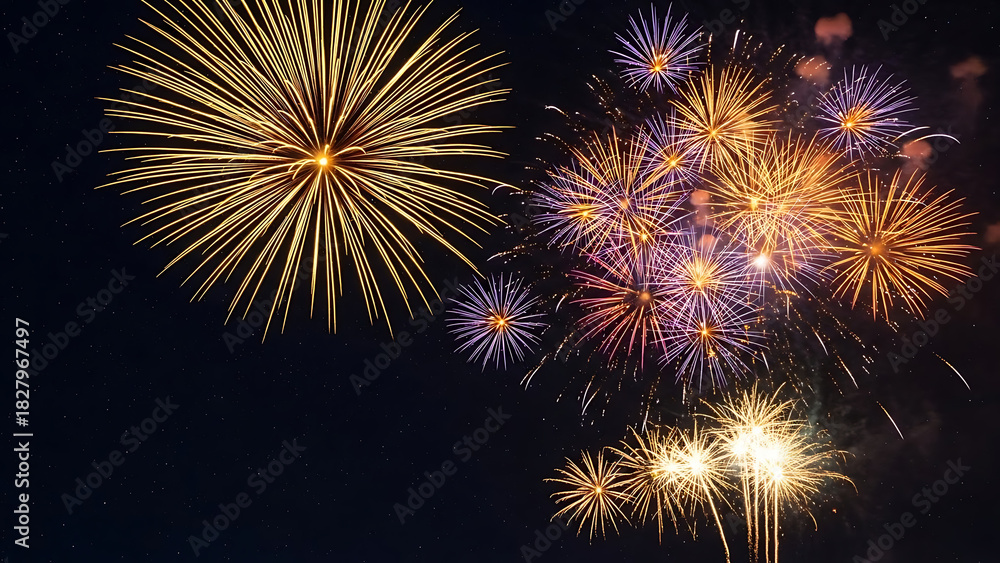 Fototapeta premium Vibrant golden and purple fireworks bursting in a dark night sky
