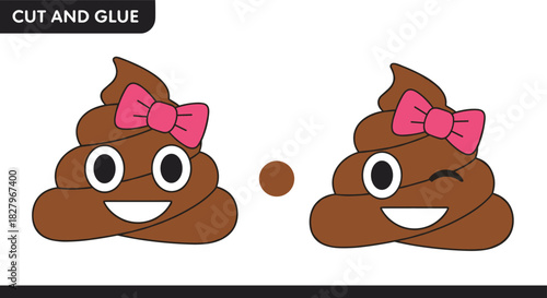 A simple cut and glue paper craft for kids to create a cute girl poop emoji with a pink bow, including a winking eye.