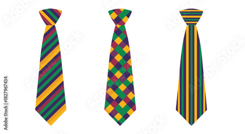 A collection of three stylish men's neckties with different colorful patterns, including diagonal stripes, diamonds, and vertical stripes.