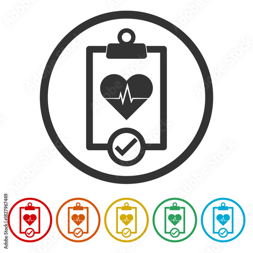 Medical checklist icon. Set icons in color circle buttons