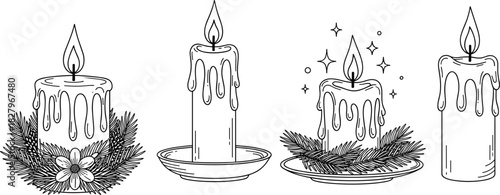 Decorative candle set with pine branches, festive wax drip, cozy winter ambiance, holiday celebration, black white silhouette art flat vector
