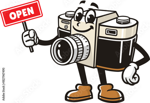 Camera mascot cartoon holding an open sign