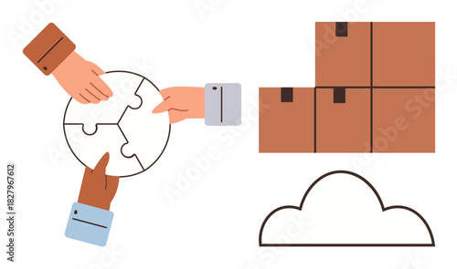 Hands assembling a puzzle, stacked boxes, and a cloud outline represent teamwork, logistics, digital storage, problem-solving, cloud computing, innovation, and communication in a simple flat metaphor