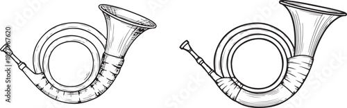 Vector illustration silhouette of hand drawing Sketch  a hunting horn isolated on background