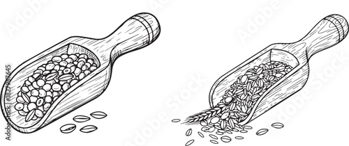 Wooden scoop filled with lentils or grains in a vintage woodcut style, Hand-Drawn Wooden Scoop with Grains – Black and White Illustration