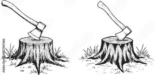 Black and White Woodcut Style Axe Chopping Tree Stump Illustration, Hand-Drawn Axe in Tree Stump – Vintage Woodcut Style Illustration