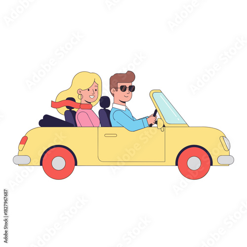 Young couple driving in a yellow convertible car with sunglasses  