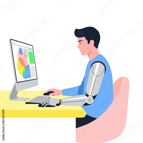 Young man with prosthetic arm working on computer at office desk  