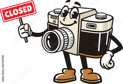 Camera mascot cartoon holding a closed sign