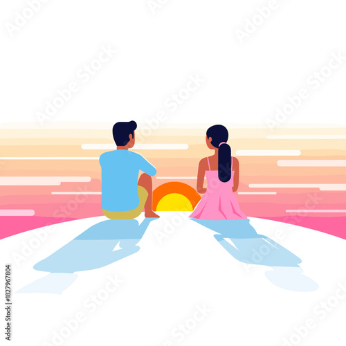 Hispanic couple sitting together and watching sunset by the beach  