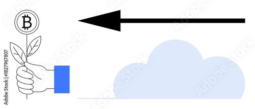 Bitcoin growth. Bitcoin as a growing plant, growth. Cloud technology and forward arrow illustrate digital advancement. For fintech, digital currency, innovation, future