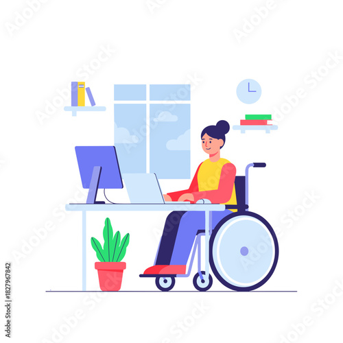 Young woman in wheelchair working at home office desk with laptop  