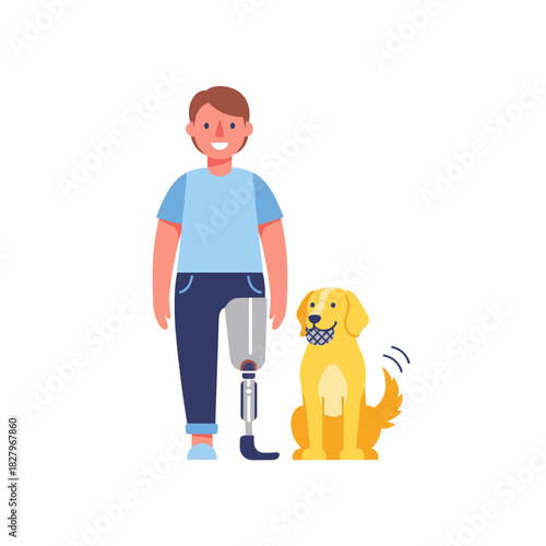 Young boy with prosthetic leg standing beside a friendly dog  