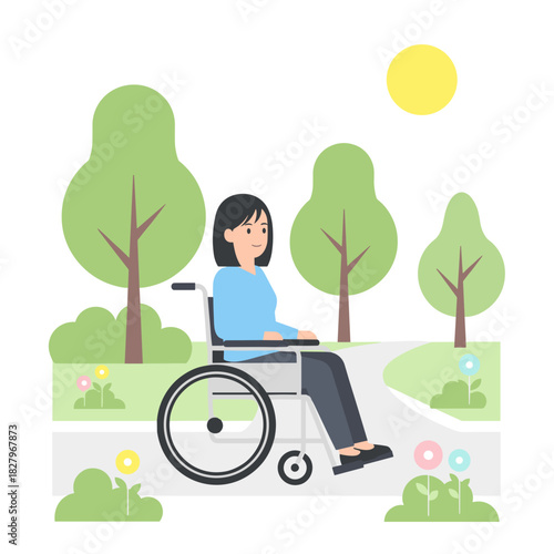 Disabled Asian woman in wheelchair enjoying sunny day in park  