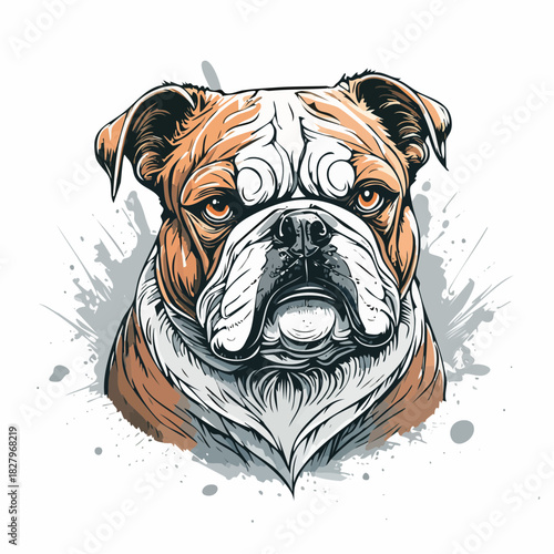 Bulldog head illustration with detailed fur and splash background

