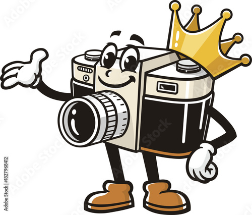 King of Camera mascot cartoon wearing a crown