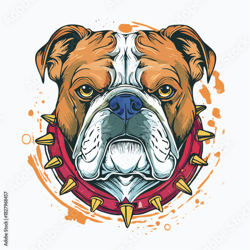Bulldog head illustration with colorful artistic splash and spiked collar

