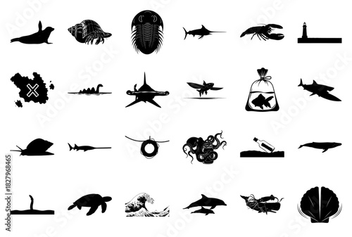 Assorted Marine and Mythical Creature Silhouettes Keywords: seal, seashell, trilobite, swordfish