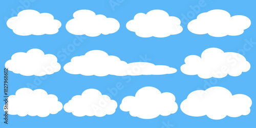 set of vector illustrations of clumpy clouds, cloud bubbles in flat style on a blue background	