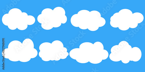 set of vector illustrations of clumpy clouds, cloud bubbles in flat style on a blue background	
