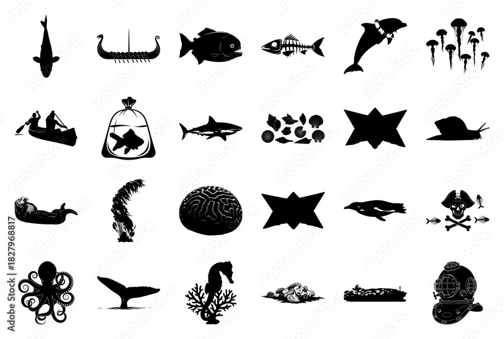Naklejka premium Collection of Marine Life and Nautical Silhouettes Keywords: fish, carp, viking ship, viking