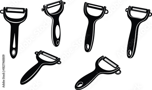 Black Silhouette Vector Illustration Set of Kitchen Peelers Including Y-Shaped and Swivel Blades for Peeling Fruits and Vegetables Cooking Accessories