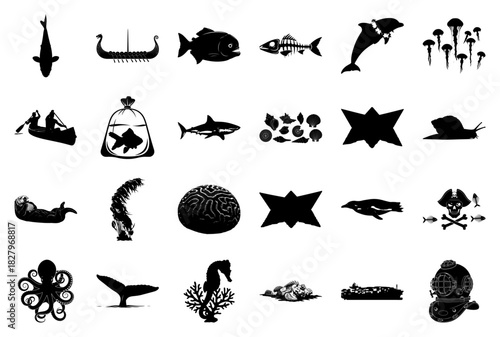 Collection of Marine Life and Nautical Silhouettes Keywords: fish, carp, viking ship, viking