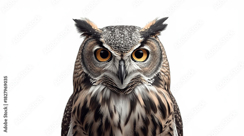 Fototapeta premium Majestic owl close-up with intense yellow eyes on white background. Detailed feathers and captivating stare of this wise nocturnal bird of prey. Wildlife nature predator.